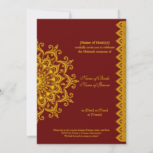 Customizable Gold Dark Red Mehendi Henna Indian Invitation