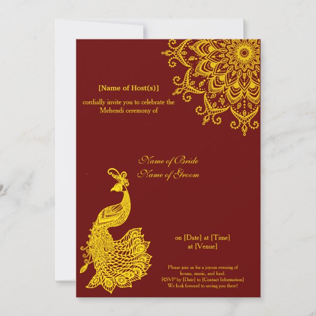 Customizable Gold Dark Red Mehendi Henna Indian Invitation (Front)