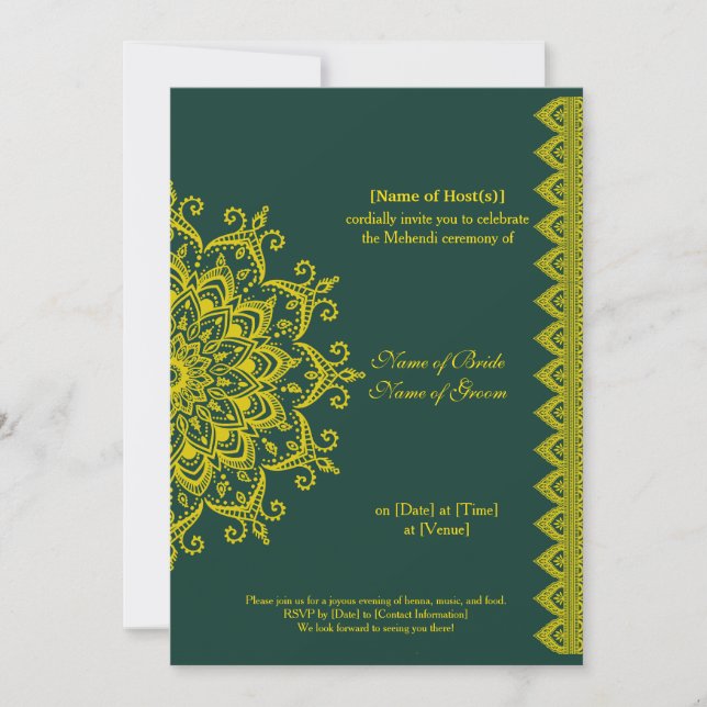 Customizable Gold Emerald Mehendi Henna Indian Invitation (Front)