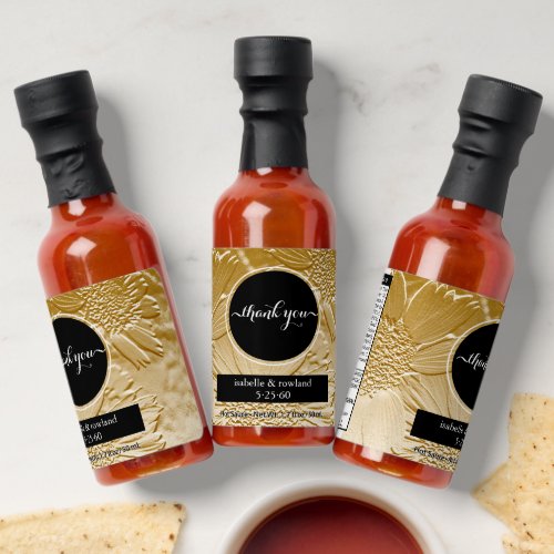 Customizable Gold Floral Bride  Groom Names Hot Sauces