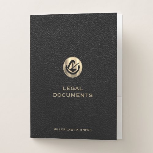 Customizable Gold Logo Black Leather Print Pocket Folder