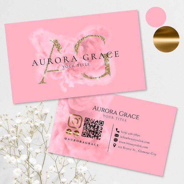 Customizable Gold & Pink Monogram Business Card (Creator Uploaded)