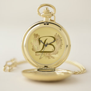 Customizable gold pocket watch monogram initial