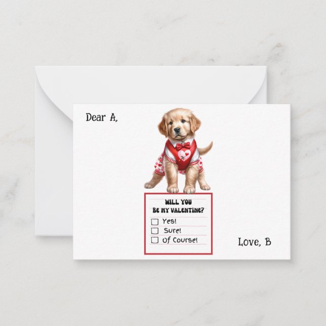 Customizable Golden Retriever Puppy Valentine  Note Card (Front)