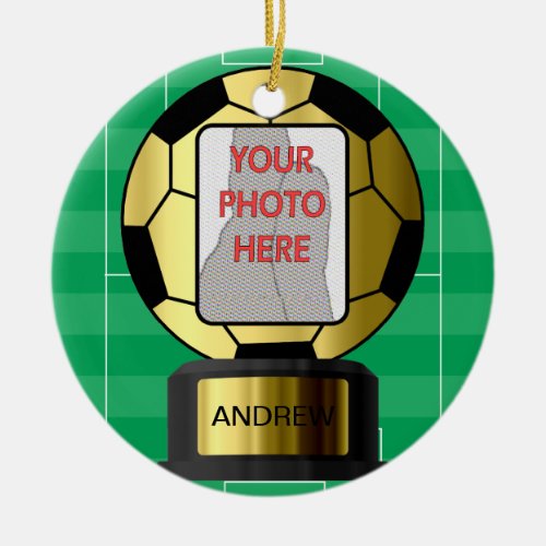 Customizable golden soccer ball award ornament
