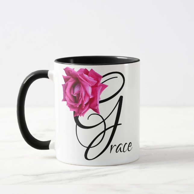 Customizable Grace name hot pink rose floral fun Mug (Left)