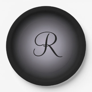 Customizable gray black monogram paper plates