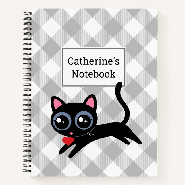 Customizable Gray Buffalo Plaid Black Kitty Cat Notebook (Front)