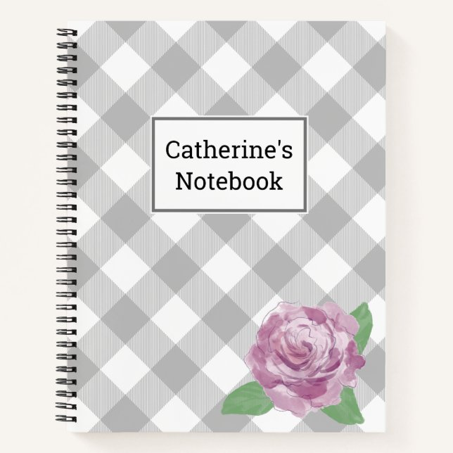 Customizable Gray Buffalo Plaid Pink Rose Notebook (Front)