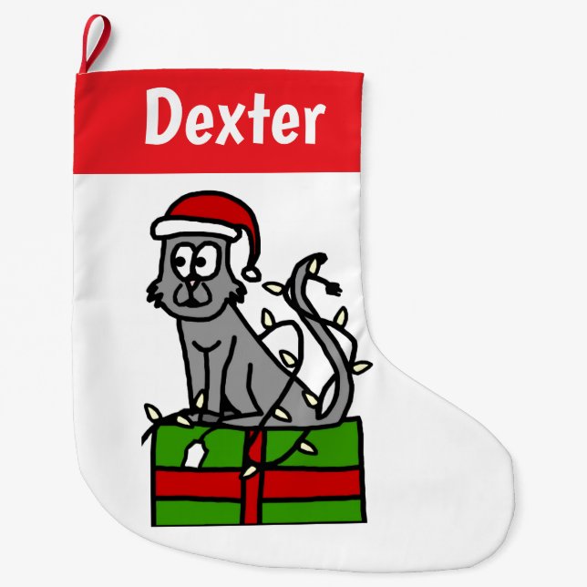 Customizable Gray Cat Large Christmas Stocking (Front)