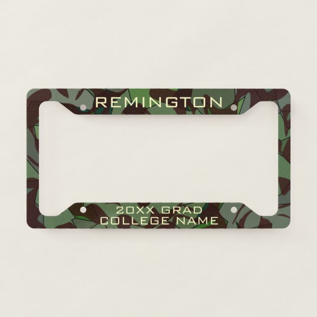 Customizable Green and Brown Camouflage Graduation License Plate Frame (Front)
