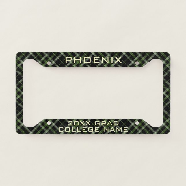 Customizable Green & Black Plaid Tartan Graduation License Plate Frame (Front)