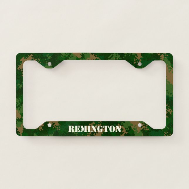 Customizable Green Camouflage Army Chic Pixel Camo License Plate Frame (Front)