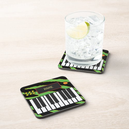 Customizable Green Dinosaur Keyboard Music Beverage Coaster