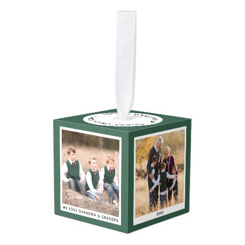 Customizable Green Grandparents Christmas Photo Cube Ornament