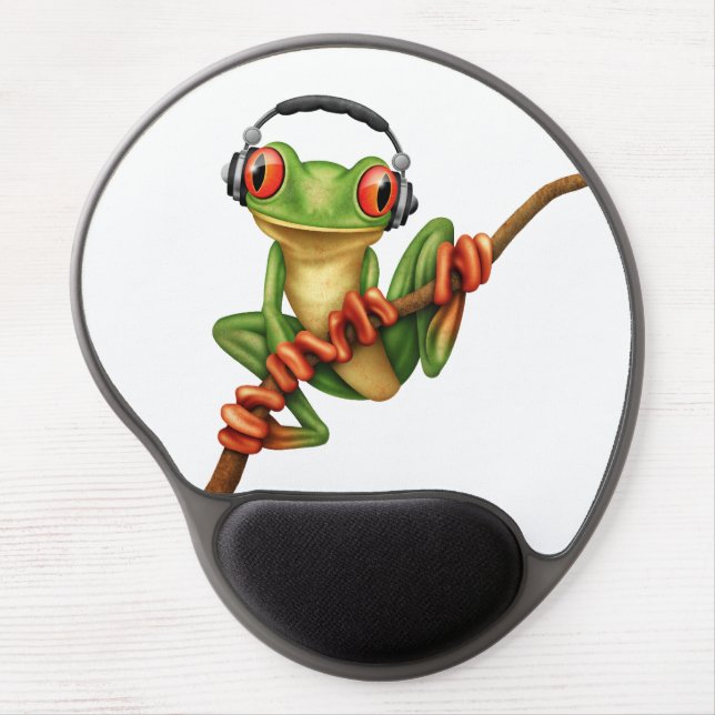 Customizable Green Tree Frog Dj with Headphones Gel Mouse Pad (Front)