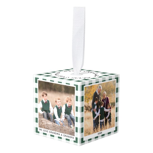 Customizable Green White Family Christmas Photo Cube Ornament (Front Angled)