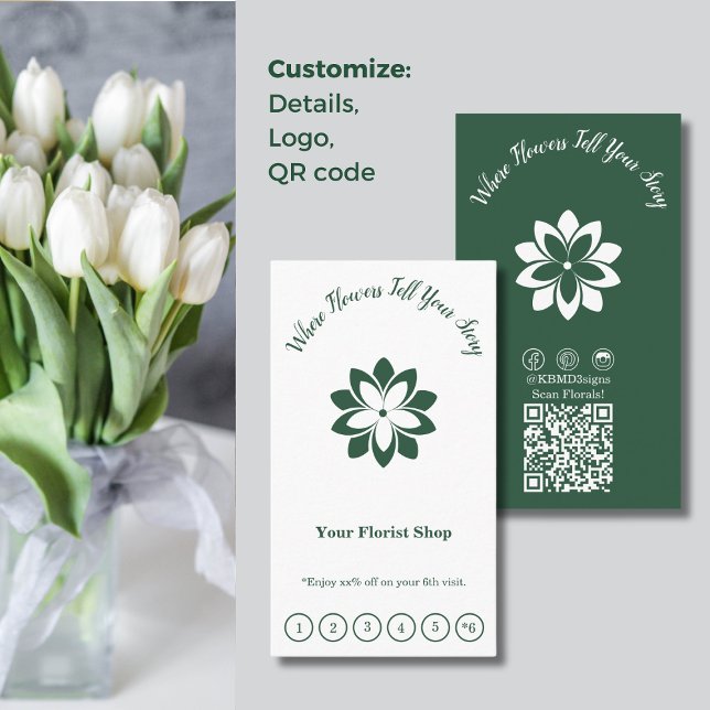 Customizable Green & White Florist Flat Loyalty Card (Customizable Green & White Florist Flat Loyalty Card, 6 Visits Reward, Where Flowers Tell Your Story)