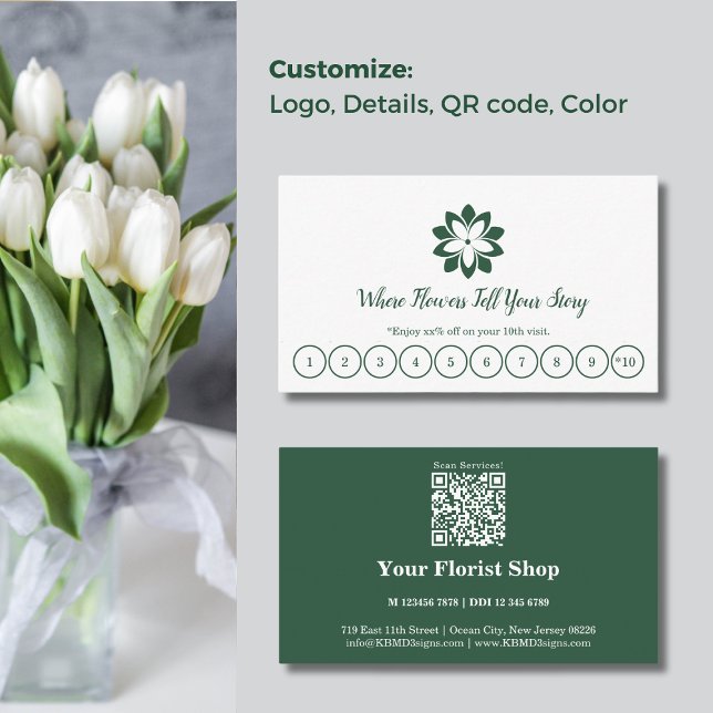 Customizable Green & White Florist Loyalty Card (Modern Customizable Green & White Florist Loyalty Card, Bonus every 10 Visits)
