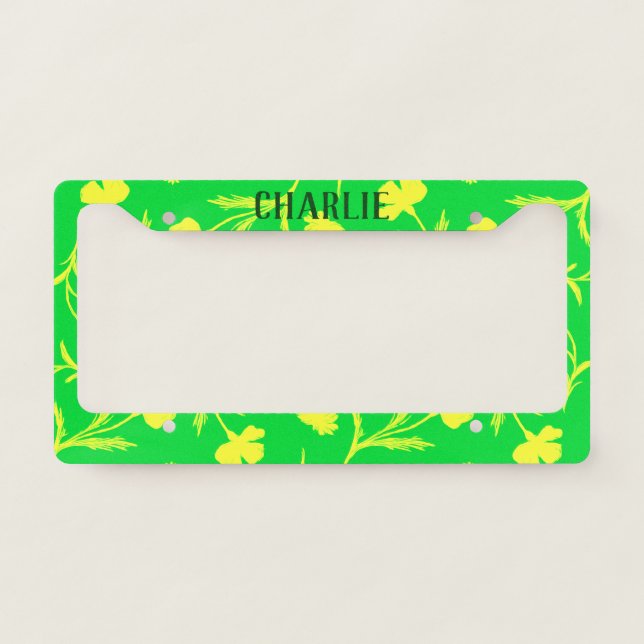 Customizable Green Yellow Pop Floral Pattern Bold License Plate Frame (Front)