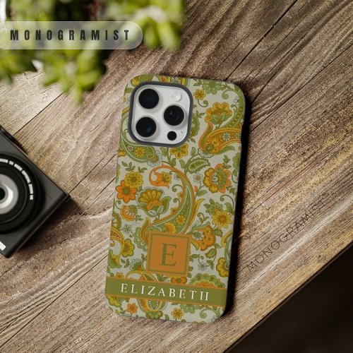 Customizable Grey Green Orange Yellow Paisley iPhone 15 Pro Max Case