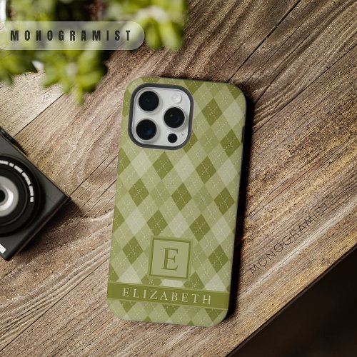 Customizable Grey Sage Olive Green Argyle Pattern iPhone 15 Pro Max Case