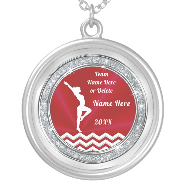 Customizable Gymnastics Pendant, Red White Silver Plated Necklace (Front)