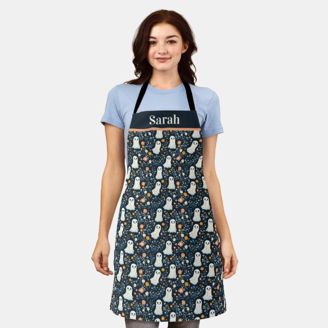 Customizable Halloween Ghosts Blue Floral Pattern Apron (Worn)