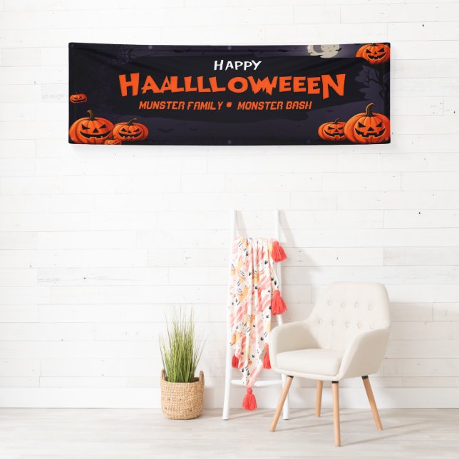 Customizable Halloween Party Banner, Pumpkins Bats Banner (Insitu)