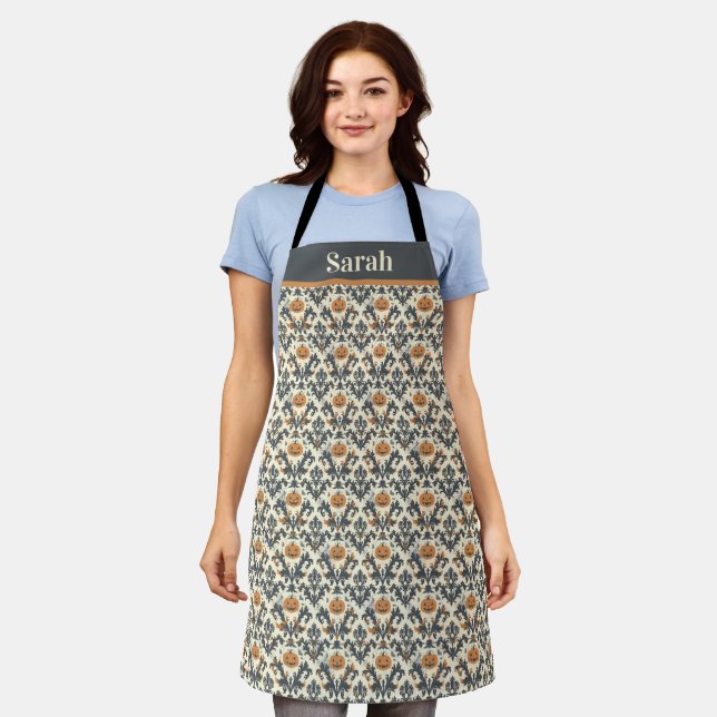 Customizable Halloween Pumpkin Damask Pattern Apron (Worn)