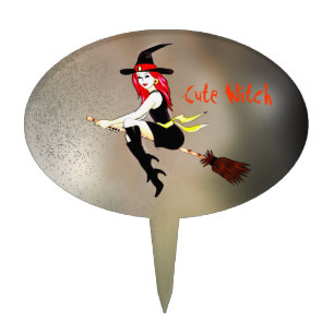 Customizable halloween witch flying on a broom cake topper