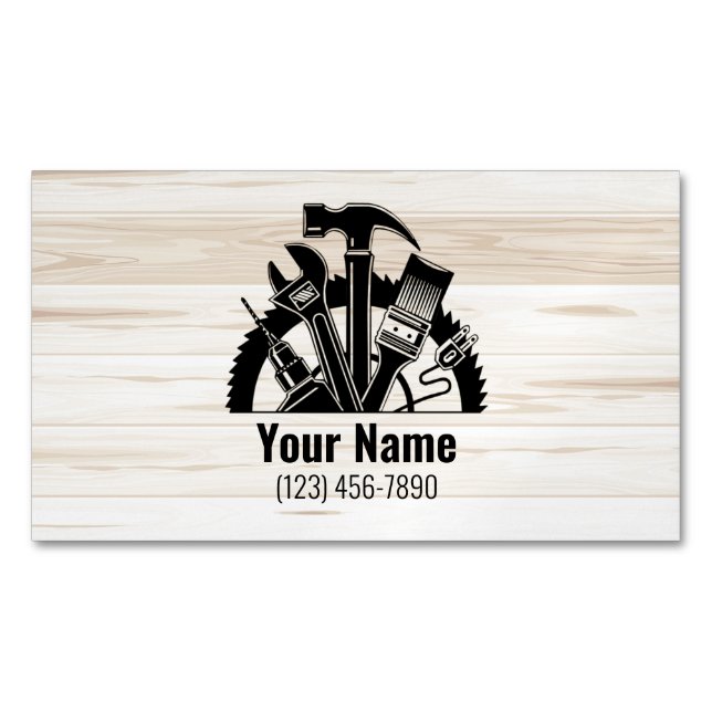 Customizable handyman tools wood business card magnet (Front)