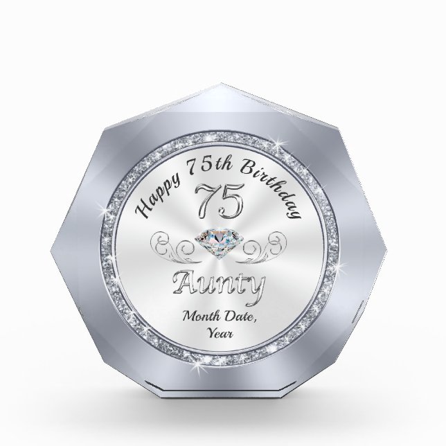 Customizable, Happy 75th Birthday, Aunty Acrylic Award (Front)