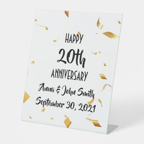 Customizable Happy Anniversary gold confetti Pedestal Sign