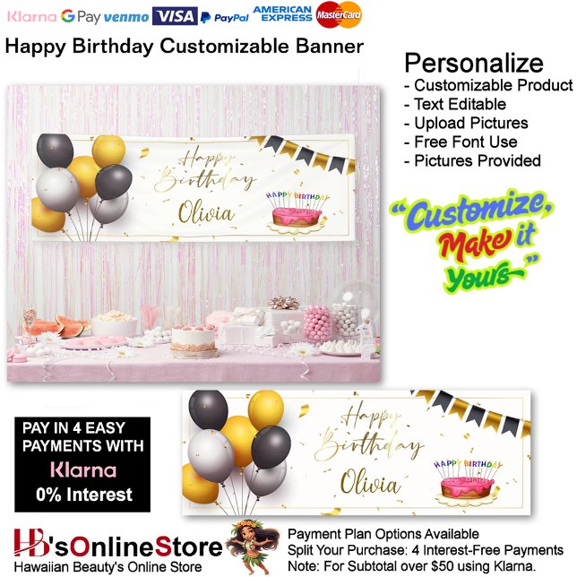 Customizable Happy Birthday Banner 2 (Happy Birthday Gold Black Party Supplies Celebrate Decoration Cake 2.)