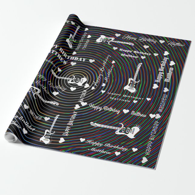 Customizable Happy Birthday Colorful Vibes Guitar Wrapping Paper (Unrolled)
