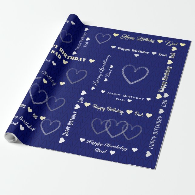 Customizable Happy Birthday Dad Navy Dark Hearts Wrapping Paper (Unrolled)