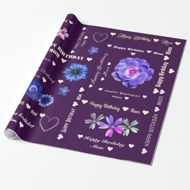 Customizable Happy Birthday Mom Eggplant Floral Wrapping Paper (Unrolled)