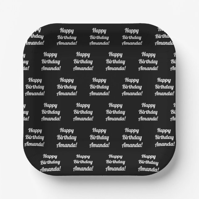 Customizable Happy Birthday Text | Black & White Paper Plates (Front)
