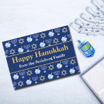Customizable Happy Hanukkah Blue Pattern Holiday<br><div class="desc">Beautiful personalized Happy Hanukkah card in pretty blue with a cool pattern of Judaism star,  dreidel for fun Chanukah games,  and the Jewish menorah for the holiday. Customize with your family name.</div>