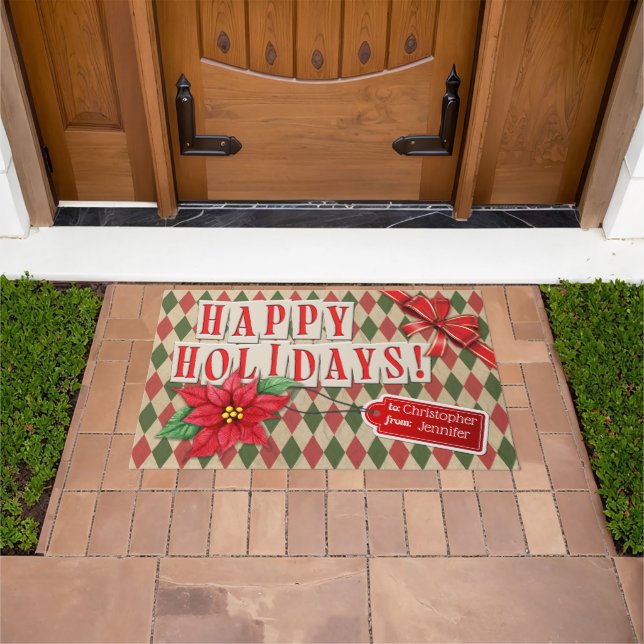 Customizable Happy Holidays Vintage Wrapping Paper Doormat (Outdoor)