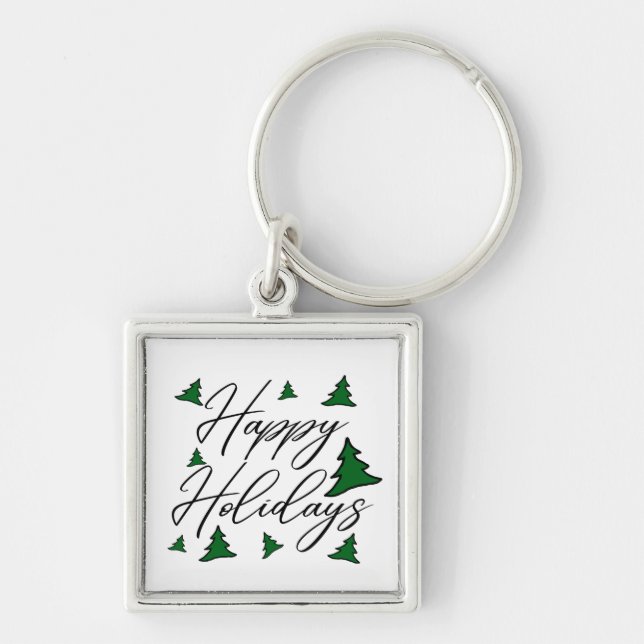 Customizable Happy Holidays with Trees Keychain (Front)