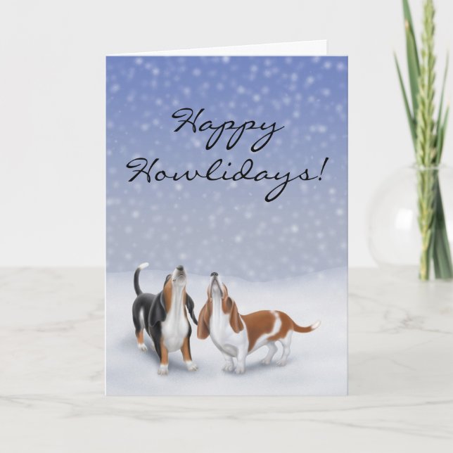 Customizable Happy Howlidays Basset Hound Dogs Car Holiday Card (Front)