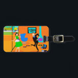 Customizable Happy Retro Parents Luggage Tag<br><div class="desc">This Customizable Happy Retro Parents Luggage Tag shows a mom and dad rejoicing as their child makes a dash for the school bus. The celebrating duo are in their 1960's style, mid century modern, living room. The orange decor is anything but understated. There is turquoise, cone fireplace and a bright,...</div>