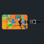 Customizable Happy Retro Parents Luggage Tag<br><div class="desc">This Customizable Happy Retro Parents Luggage Tag shows a mom and dad rejoicing as their child makes a dash for the school bus. The celebrating duo are in their 1960's style, mid century modern, living room. The orange decor is anything but understated. There is turquoise, cone fireplace and a bright,...</div>