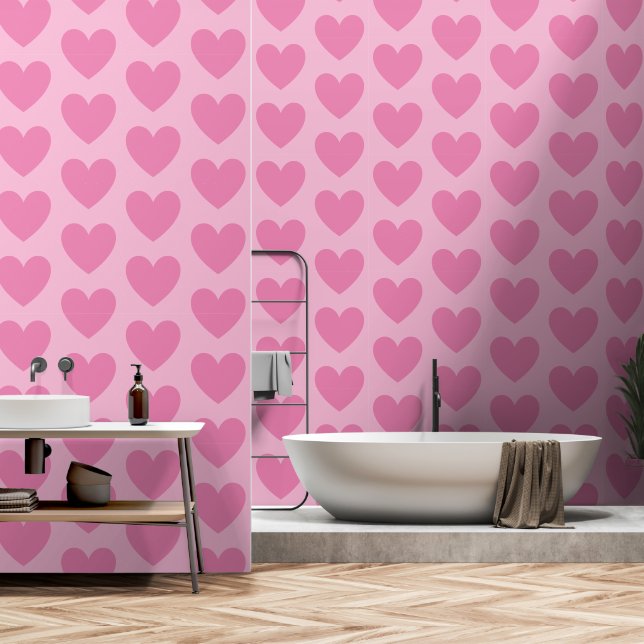 Customizable Hearts Pattern, Pink on Pastel Pink  Wallpaper (Bathroom)
