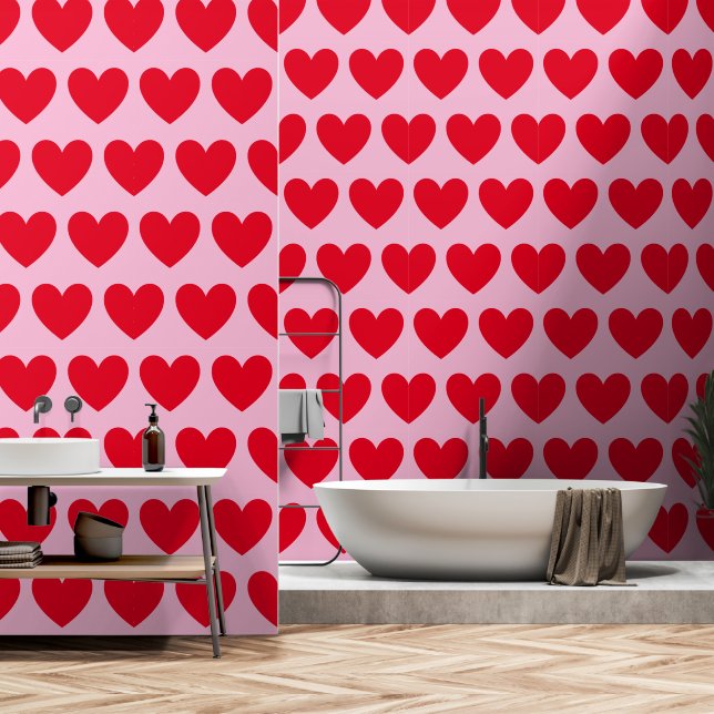 Customizable Hearts Pattern, Red on Pastel Pink  Wallpaper (Bathroom)