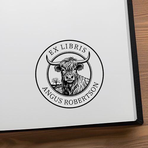 Customizable Highland Cow Bookplate Rubber Stamp