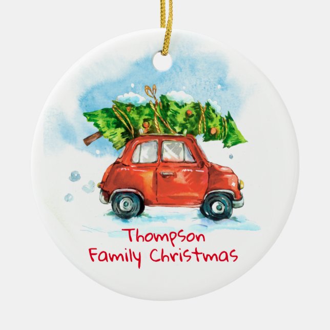 Customizable Holiday Family Christmas Tree Ceramic Ornament (Front)