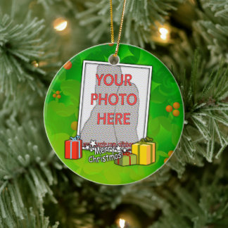 Customizable Holly and Boxes Christmas Photo Ceramic Ornament